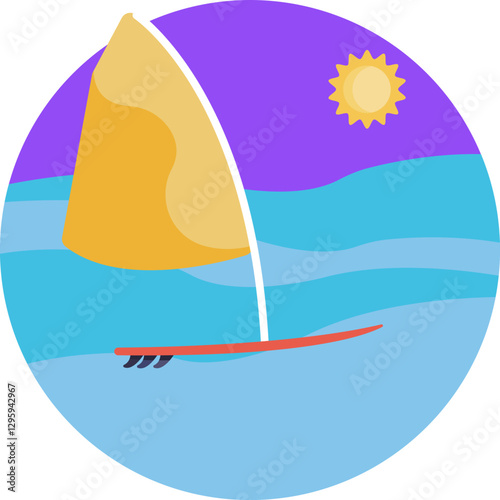 A person riding a surfboard with an attached sail, gliding across water.