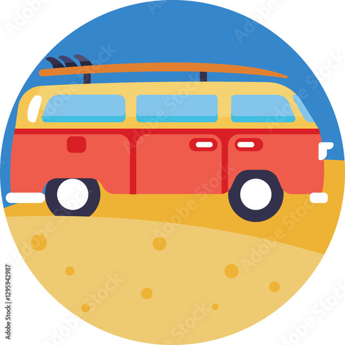 A compact van designed for camping and surfing trips, equipped with a rooftop for sleeping and space for surfboards.