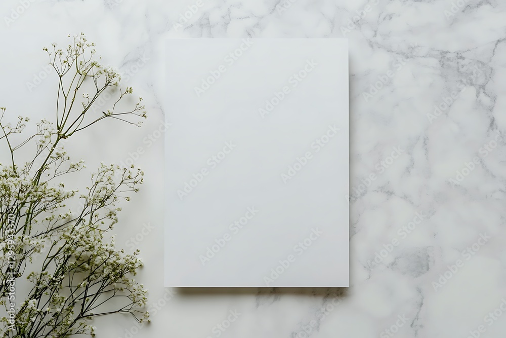 Blank white card mockup on marble background with flowers. Blank white card mockup on marble background with flowers.