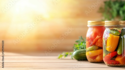 Bright summer harvest preservation with jarred vegetables on sunlit wooden table