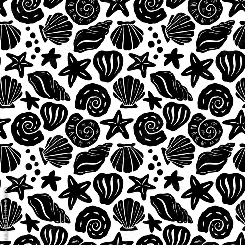 Coastal Boho Wave Pattern. Monochrome Sea Coral Shape Background. Abstract Seashell Ornament. Underwater Vector Seamless Pattern. Organic Summer Ocean Print for Textile, Wrapping Paper. Tropical Bg.