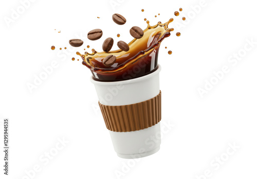 Isolated Coffee Cup with Dynamic Splash and Floating Beans
