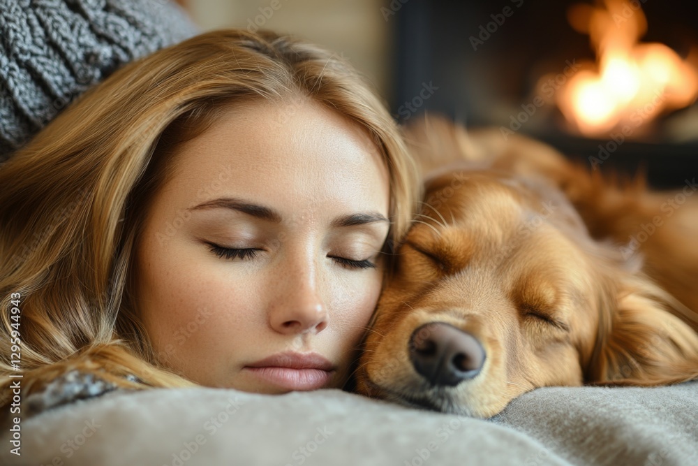 Cozy moment shared between a woman and her golden retriever by the fireplace on a chilly evening Cozy moment shared between a woman and her golden retriever by the fireplace on a chilly evening