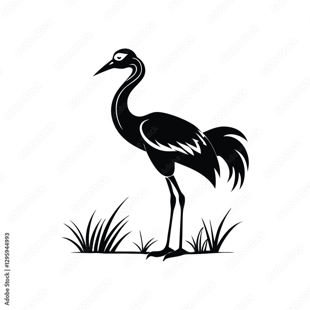 Fototapeta premium Black and White Heron Bird Silhouette with Grass – Vector Illustration