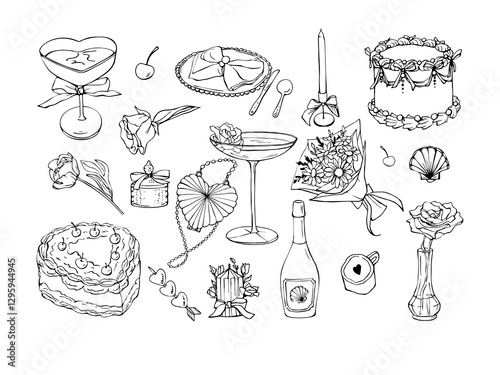Set of party vector elements. Wedding party sketches. Isolated vector elements on white background.