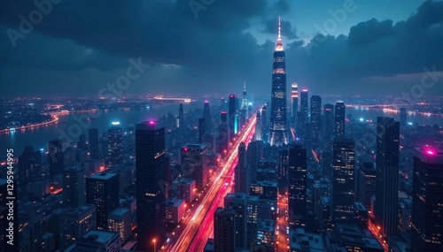 Dark futuristic cityscape at night with towering skyscrapers and neon lights , gigantic buildings, urban landscape, cityscape