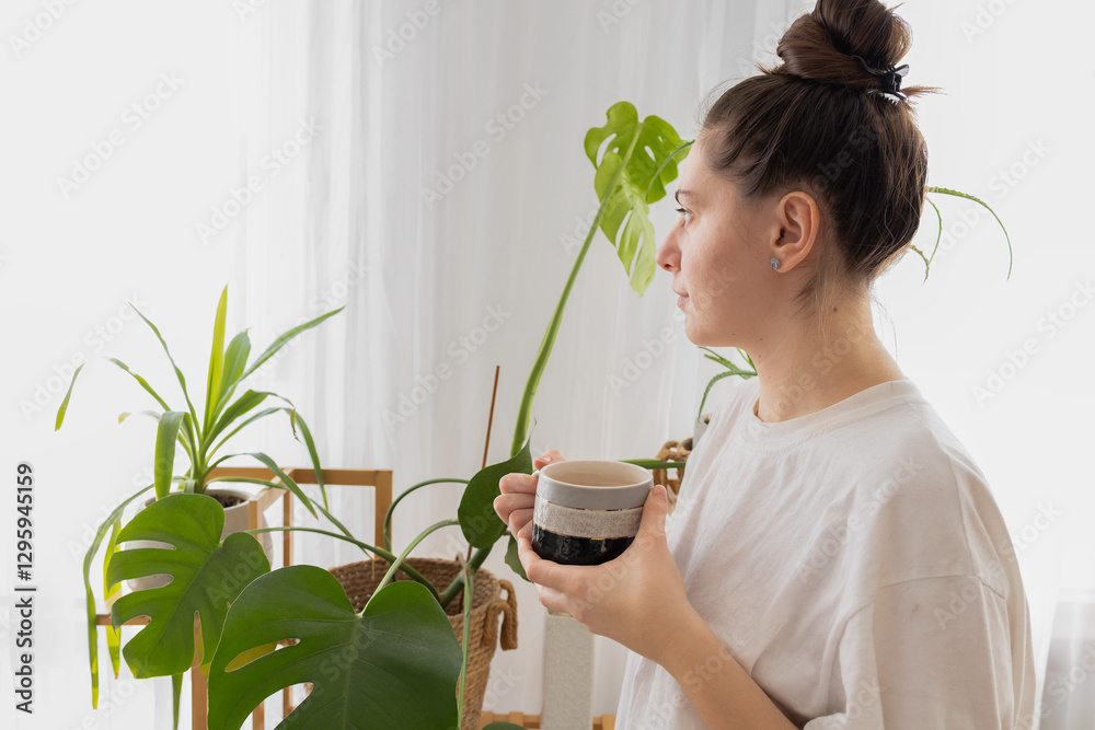 A young woman with a cup of tea looks out the window among green houseplants. A cozy morning atmosphere, natural light. Perfect for concepts of slow living and mindful mornings. A young woman with a cup of tea looks out the window among green houseplants. A cozy morning atmosphere, natural light. Perfect for concepts of slow living and mindful mornings.