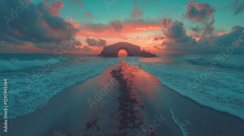 Sunset Over Water with Brick Arches and Calm Waves at Dry Tortugas National Park in Florida