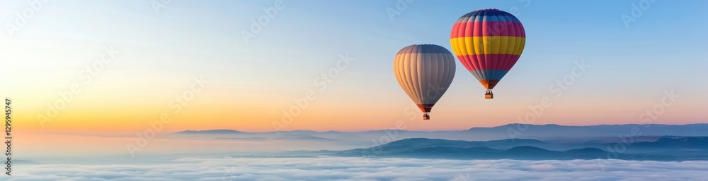 Fototapeta premium Two colorful hot air balloons flying high above the ground.a panoramic banner with a copy space area for text or design.This design can be used for advertising, promotional materials.