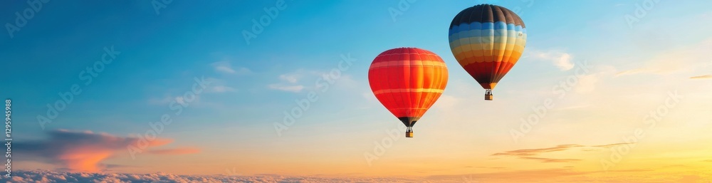Naklejka premium Two colorful hot air balloons flying high above the ground.a panoramic banner with a copy space area for text or design.This design can be used for advertising, promotional materials.