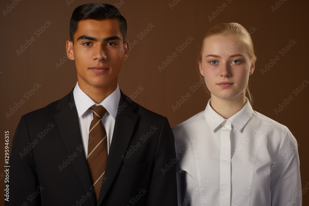 A man and a woman are standing next to each other, both wearing suits and ties A man and a woman are standing next to each other, both wearing suits and ties