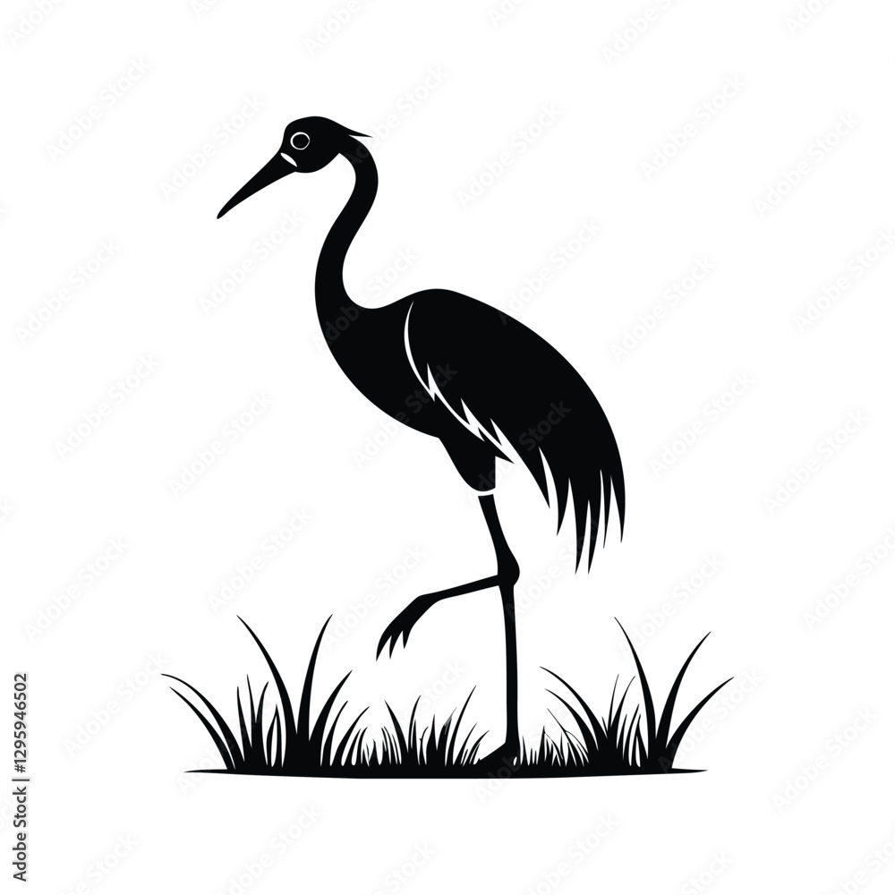Fototapeta premium Black and White Heron Bird Silhouette with Grass – Vector Illustration