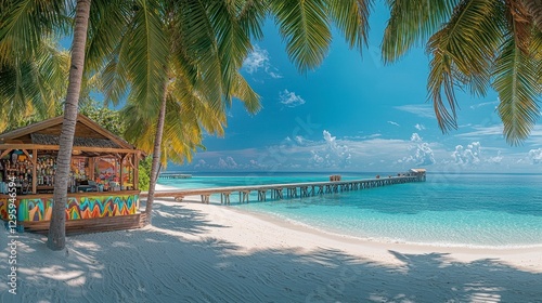 Stunning Panorama of a Serene Beach on a Maldives Island Under a Clear Blue Sky photo