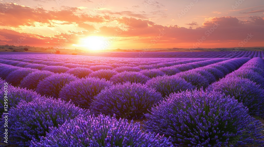 Obraz premium Stunning Sunrise Over Lavender Fields Showcasing the Breathtaking Beauty of Nature's Landscape