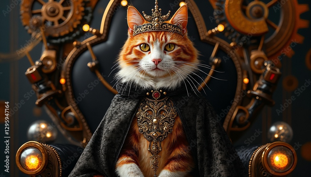 Fototapeta premium Regal Steampunk Cat Wearing Crown and Cape Sitting on Throne Surrounded by Gears