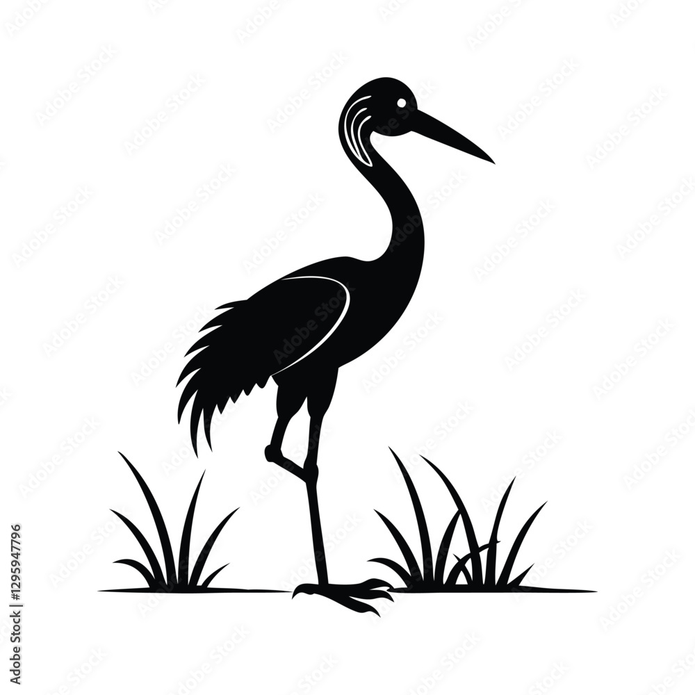 Fototapeta premium Black and White Heron Bird Silhouette with Grass – Vector Illustration