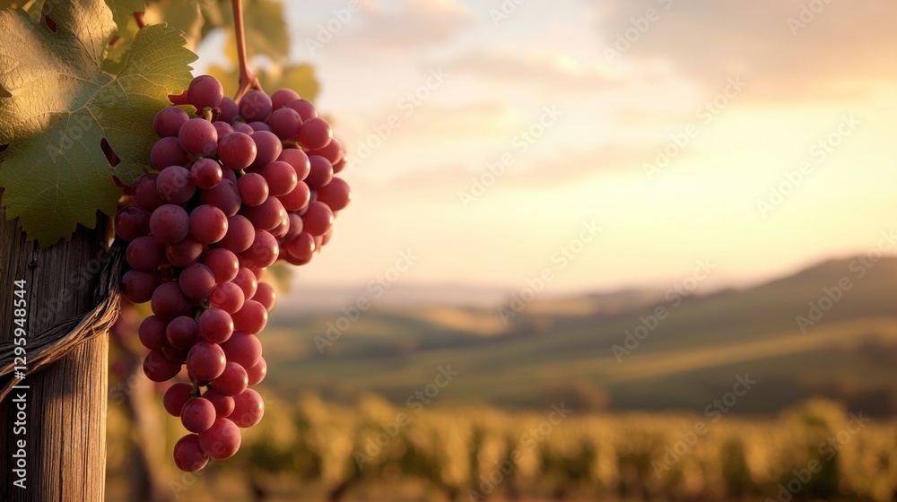 Fototapeta premium Vibrant bunch of grapes hanging from vine under golden sunset sk