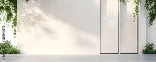 Minimalist building exterior featuring natural elements and sunlight shadows