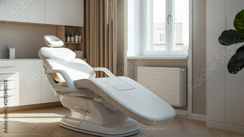 Modern white medical chair in a bright, minimalist clinic room with natural light from a large window, wooden flooring, and neutral-colored curtains creating a calm and professional atmosphere