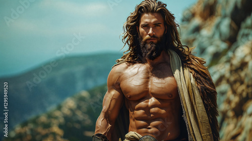 A muscular man with long flowing hair and a beard stands shirtless in a mountainous landscape, exuding strength, confidence, and a heroic, mythological presence photo