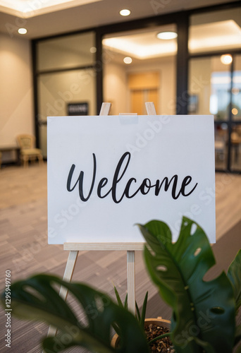 Welcome sign at corporate event entrance, friendly atmosphere