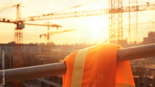 Bright safety vest hangs on railing as sunset casts warm glow ov