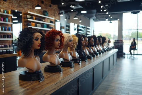 Display of diverse hair mannequin heads in a modern beauty supply store promoting hair styling options