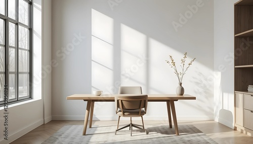 Minimalist Workspace with Wooden Desk and Natural Light