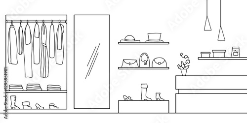 Dress store interior graphic black white sketch illustration vector