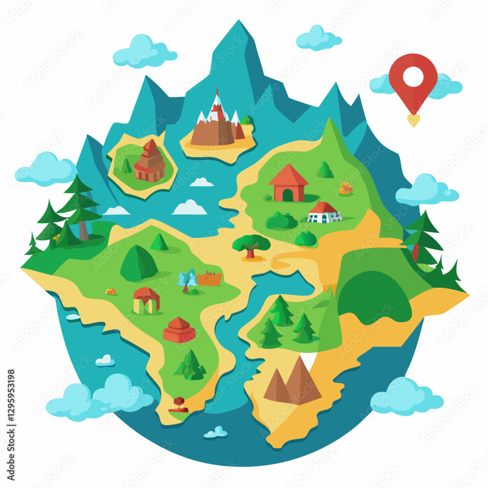 Naklejka premium Colorful map illustration with mountains and landmarks