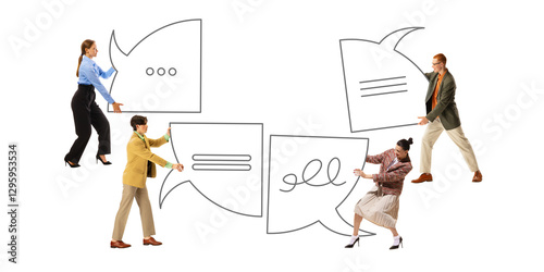 Team connecting giant speech bubbles, working together to construct meaningful dialogue and cooperation. Concept of business strategy, collaboration, communication. Abstract art collage