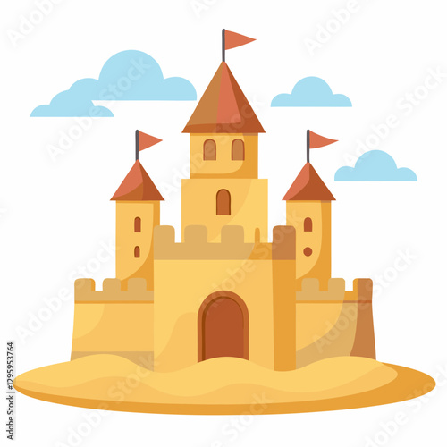 Sandcastle icon with towers and flags on a sandy base