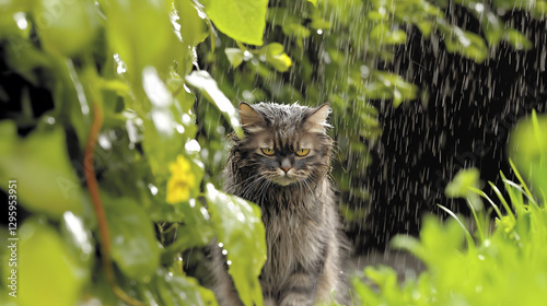 Unhappy wet cat stands in the rain among lush green plants expressing displeasure in a gloomy outdoor setting photo