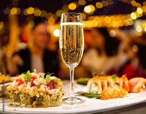 Valokuvatapetti Elegant setup with champagne glasses, a large bottle, and assorted fresh sushi