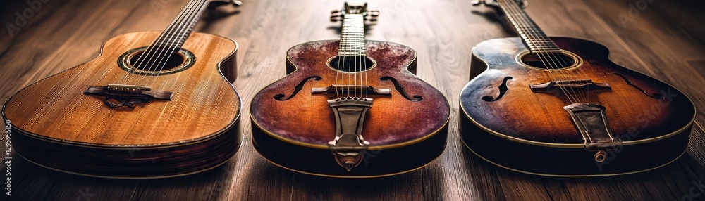 Obraz premium Three acoustic guitars on wooden floor