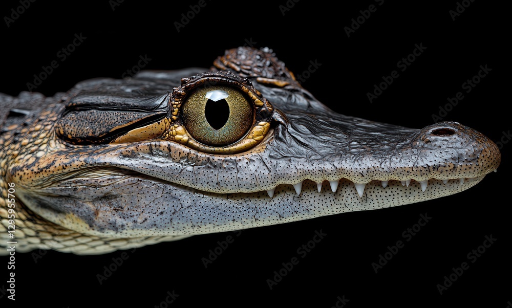 Fototapeta premium Close-up Portrait of a Crocodile Showcasing Distinct Features and Texture on a Black Background
