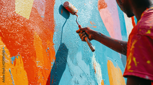 person painting colorful wall with roller, showcasing vibrant colors and creativity