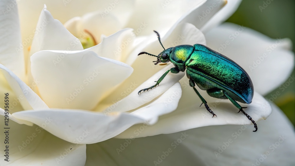 Fototapeta premium Emerald Jewel on White: A vibrant green beetle, iridescent with metallic hues, rests on a delicate white petal of a gardenia flower. Close-up detail showcasing nature's captivating beauty.