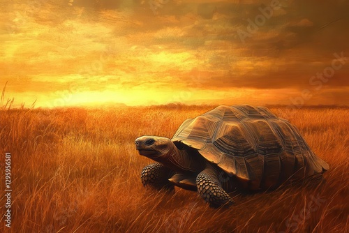 ancient tortoise trudging through a golden savanna, weathered emerald shell, swaying amber grass, warm sunset hues, timeless natural resilience, serene earthy calm.