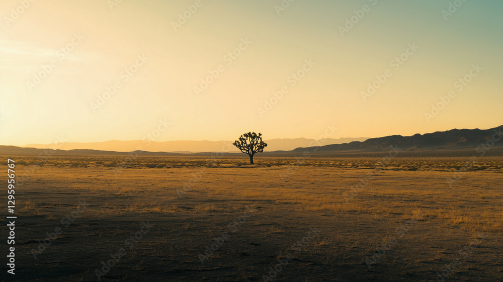 Solitary Joshua tree in desolate arid landscape at sunset. Mountains on the horizon.