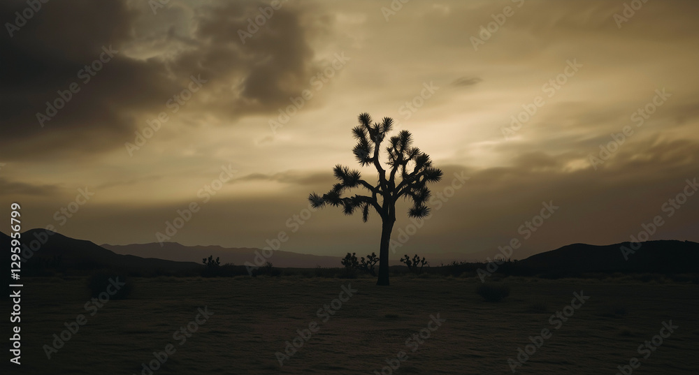 Solitary Joshua tree in desolate arid landscape under dark cloudy sky. Mountains on the horizon.
