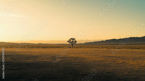 Obraz na płótnie Solitary Joshua tree in desolate arid landscape at sunset. Mountains on the horizon. w salonie