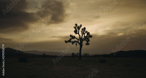 Obraz na płótnie Solitary Joshua tree in desolate arid landscape under dark cloudy sky. Mountains on the horizon. w salonie