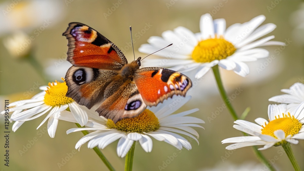 Peacock Butterfly on Daisy: A vibrant peacock butterfly with intricate patterns perches delicately on a daisy, wings spread in full display amidst a field of flowers. Peacock Butterfly on Daisy: A vibrant peacock butterfly with intricate patterns perches delicately on a daisy, wings spread in full display amidst a field of flowers.