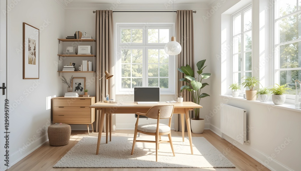 Scandinavian-Style Home Office with Wooden Desk