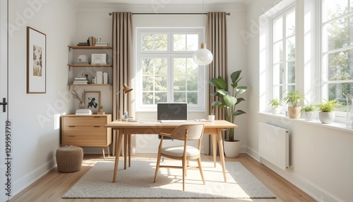 Scandinavian-Style Home Office with Wooden Desk