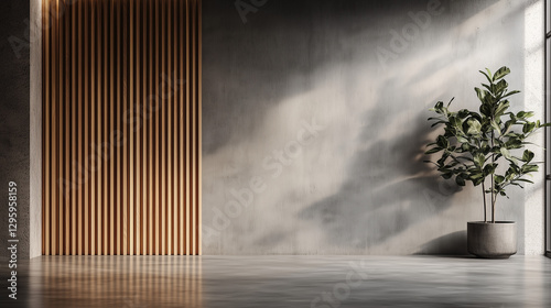 a modern interior features a wooden slat wall and a wooden bench
