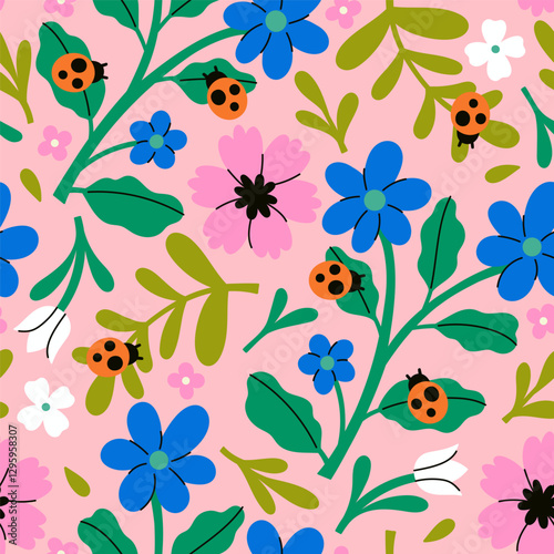 Seamless pattern with ladybugs and flowers. Vector graphics.