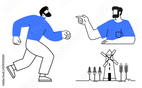 Man wearing blue shirt running, another figure pointing, windmill with wheat and plants. Ideal for action, direction, navigation, agriculture, rural life decision-making growth themes. Flat design
