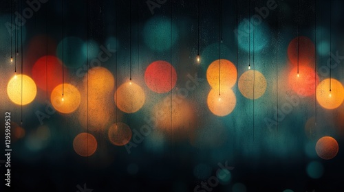 Blurred bokeh lights with hanging bulbs on rainy glass, creating a dreamy and festive ambiance.